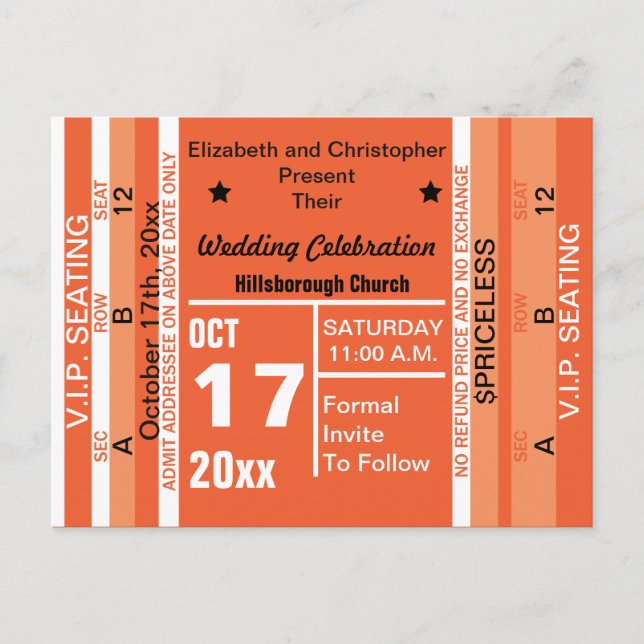 Ticket To Fun Wedding Save The Date Orange Announcement Postcard (Front)