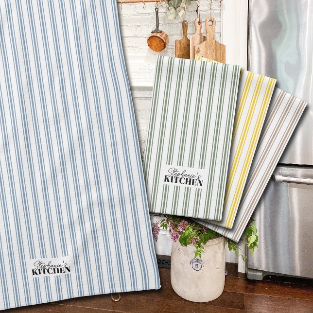 Ticking Stripe Vintage Farmhouse Blue Tea Towel (Vintage farmhouse style towels with ticking stripes add a touch of charm to your kitchen decor.)