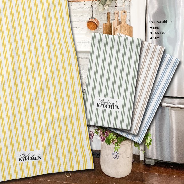 Ticking Stripe Vintage Farmhouse Yellow Tea Towel (Add a touch of vintage charm to your kitchen decor with these vintage ticking stripe towels.)