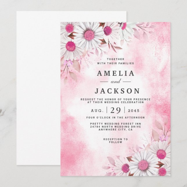 Tickle Me Pink Daisy Florals Invitation (Front/Back)