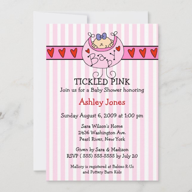 TICKLED PINK Bib Baby Girl Shower Invitations (Front)