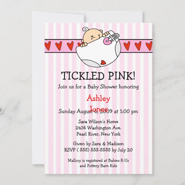 Tickled Pink Diaper Baby Girl Shower Invitations (Front)