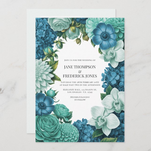 Tidal Blue, Seafoam Drift & Cloud Mint Wedding Invitation (Front/Back)
