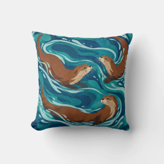 Tidal Otters in Flowing Teal and Blue Currents Cushion