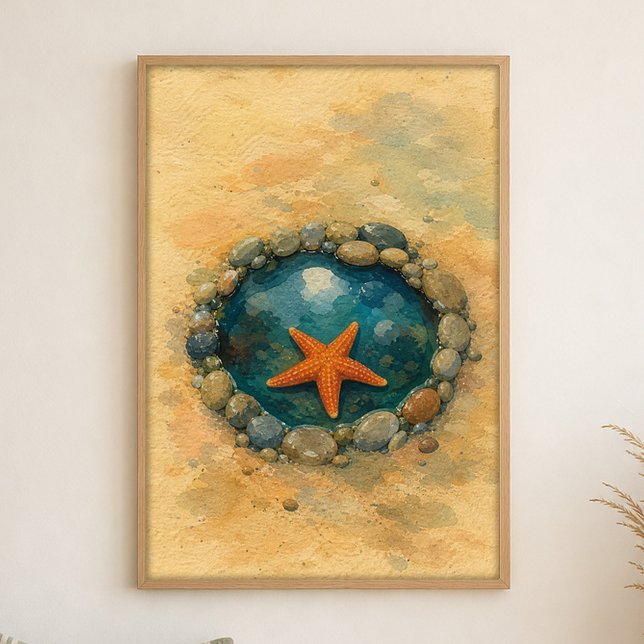 Tide Pool Starfish Watercolour Coastal Art Poster (Shown framed for scale. Poster ships unframed; frames are an optional add-on.)