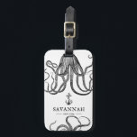 Tide's Tentacles | Octopus Theme Luggage Tag<br><div class="desc">A unique black and white deep-sea octopus themed luggage tag tailored to the person who loves the beach.  It features your name in the center with a vintage style anchor under it.  Surrounding this are octopus tentacles signifying the ocean deep.</div>