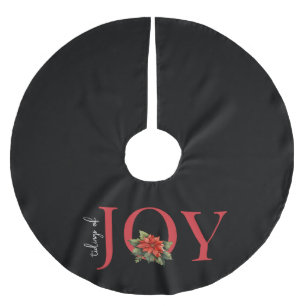TIDINGS OF JOY RED CHRISTMAS POINSETTIA on BLACK, Brushed Polyester Tree Skirt