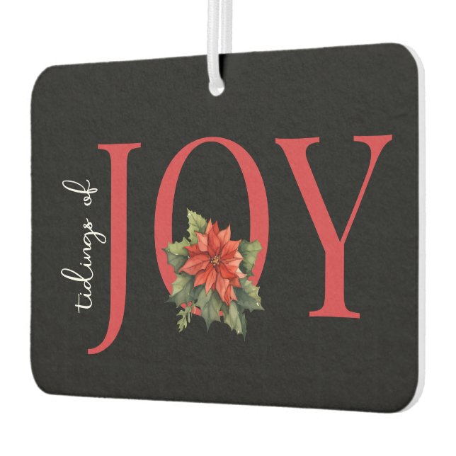 TIDINGS OF JOY RED CHRISTMAS POINSETTIA on BLACK,  Car Air Freshener (Left)