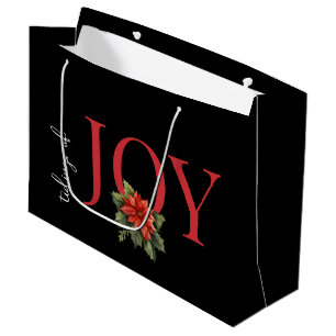 TIDINGS OF JOY RED CHRISTMAS POINSETTIA on BLACK,  Large Gift Bag