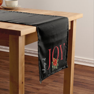 TIDINGS OF JOY RED CHRISTMAS POINSETTIA on BLACK,  Short Table Runner