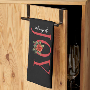 TIDINGS OF JOY RED CHRISTMAS POINSETTIA on BLACK, Tea Towel