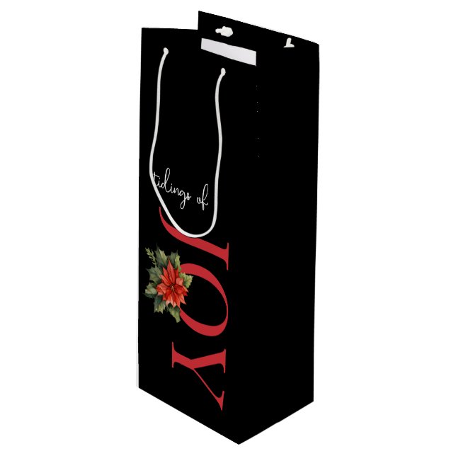 TIDINGS OF JOY RED CHRISTMAS POINSETTIA on BLACK,  Wine Gift Bag (Front Angled)