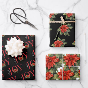 TIDINGS OF JOY RED CHRISTMAS POINSETTIA PATTERN WRAPPING PAPER SHEET