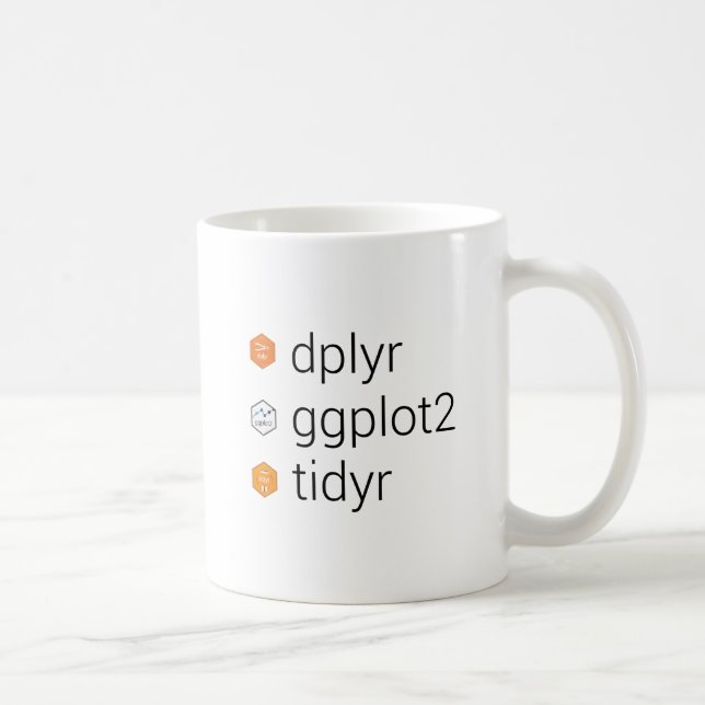 Tidyverse libraries: dplyr, ggplot2, tidyr coffee mug (Right)