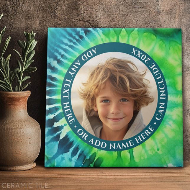 Tie Dye - 1 Photo - Custom Text - Green Blue Tile (Custom Tile)