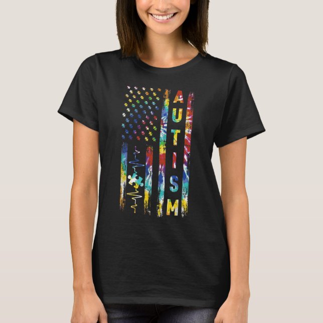 Tie Dye American Flag Autism Awareness Support Tea T-Shirt (Front)