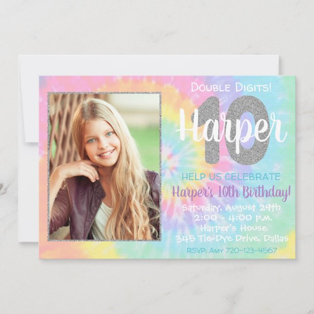 Tie Dye Birthday Invitation 10th Birthday (Front)