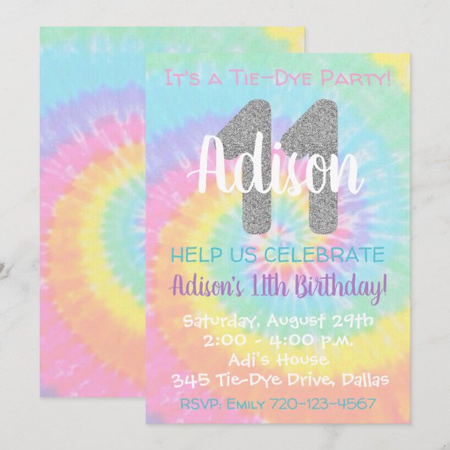 Tie Dye Birthday Invitation 11th Birthday (Front/Back)
