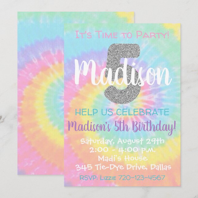 Tie Dye Birthday Invitation 5th Birthday (Front/Back)