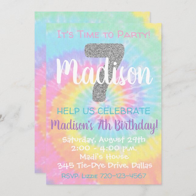 Tie Dye Birthday Invitation 7th Birthday (Front/Back)