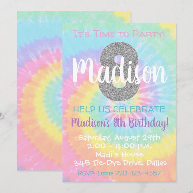Tie Dye Birthday Invitation 8th Birthday (Front/Back)