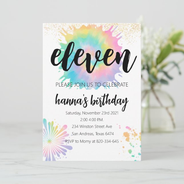 Tie-Dye Birthday Invitation Gold Invitation Rainbo (Standing Front)