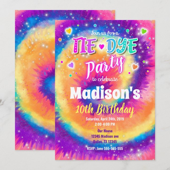 Tie Dye Birthday Invitation, Hippie Birthday Invitation (Front/Back)