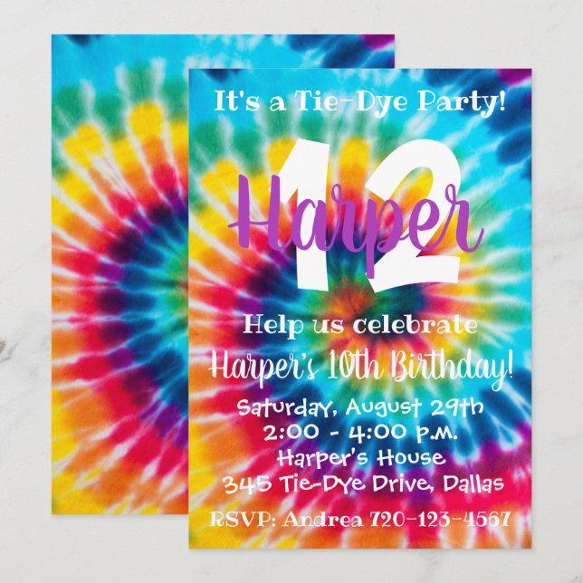 Tie Dye Birthday Invitation Tie Dye Invitation (Front/Back)