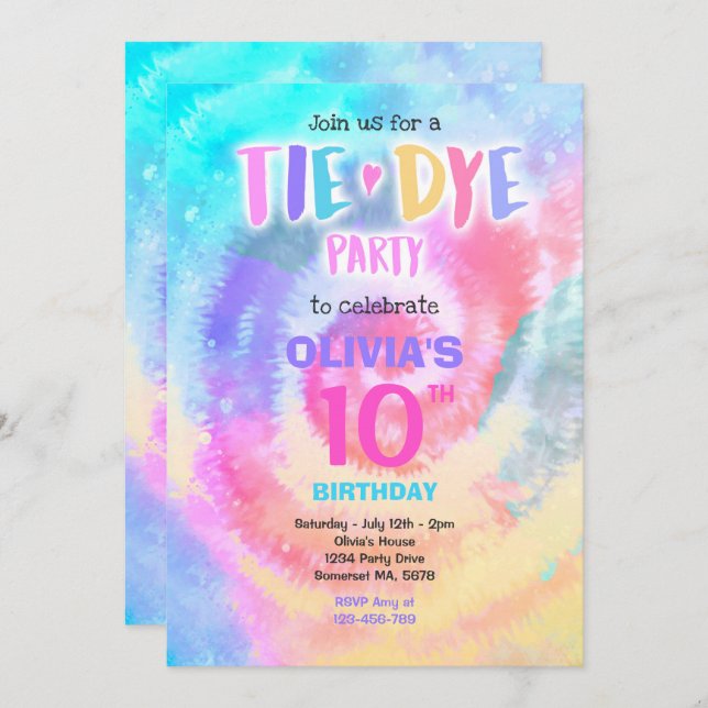 Tie Dye Birthday Party Bright Tie Dye Hippy Party Invitation (Front/Back)