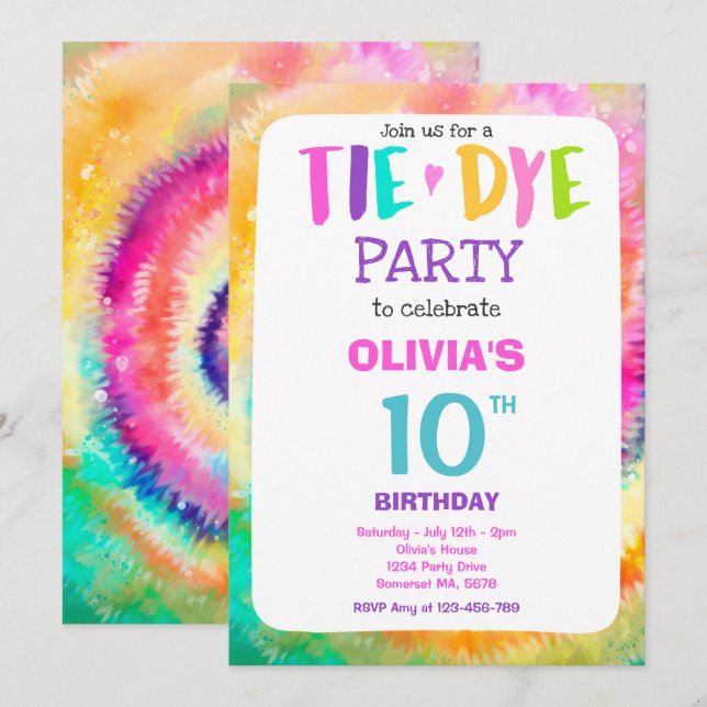Tie Dye Birthday Party Bright Tie Dye Hippy Party Invitation (Front/Back)