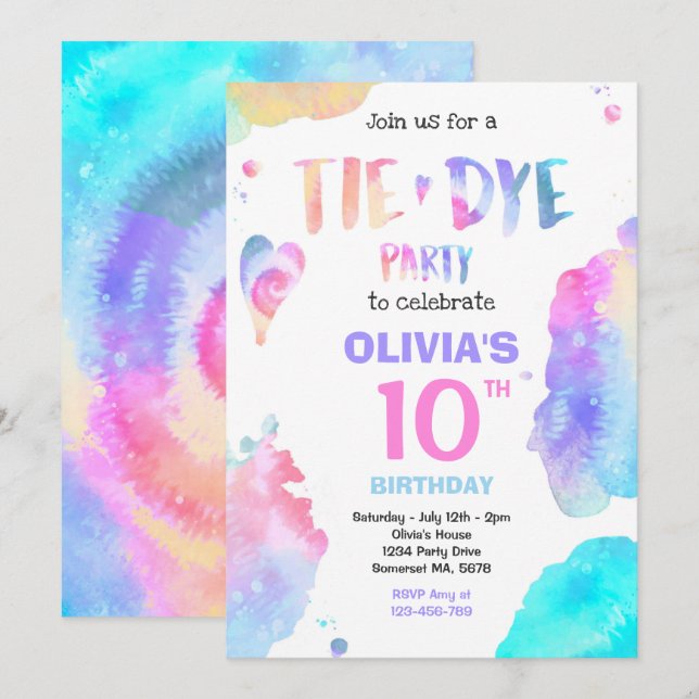 Tie Dye Birthday Party Bright Tie Dye Hippy Party Invitation (Front/Back)
