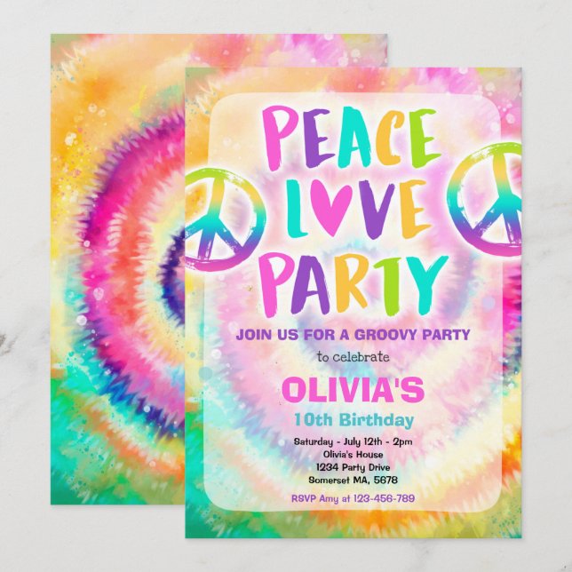 Tie Dye Birthday Party Pastel Tie Dye Hippy Party Invitation (Front/Back)