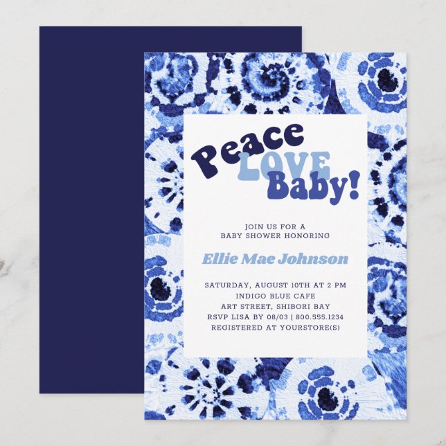 Tie Dye Blue Shibori Peace Love Baby Shower Invitation (Front/Back)