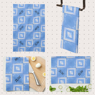 Tie Dye Boho Chic Blue and White Chequered Tea Towel