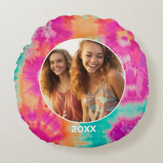 Tie Dye Border with Photo and Year - Pink Aqua Round Cushion