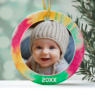 Tie Dye Border with Photo and Year - Red Green Ceramic Tree Decoration