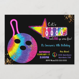 Tie Dye Bowling party, Birthday 70's  glow bowling Invitation