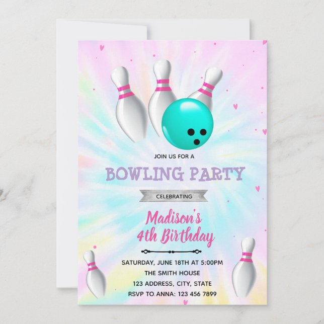 Tie dye bowling party invitation (Front)