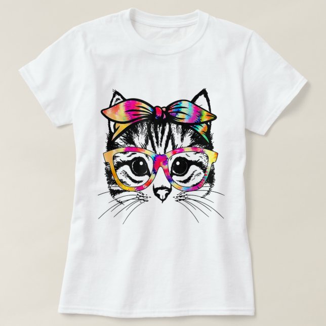 Tie-Dye Cat Face with Glasses Design T-Shirt (Design Front)