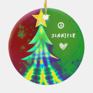 Tie Dye Christmas with Peace Sign Personalised Ceramic Tree Decoration