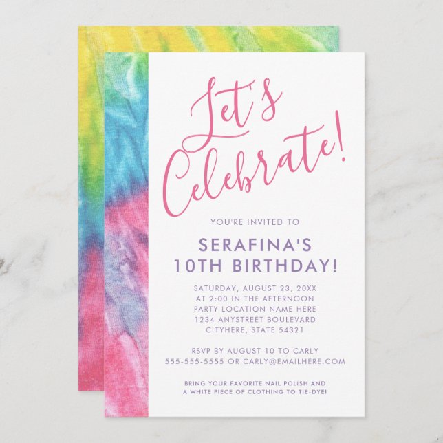 Tie Dye Colourful Bright Pastel Pink Tween Birthda Invitation (Front/Back)
