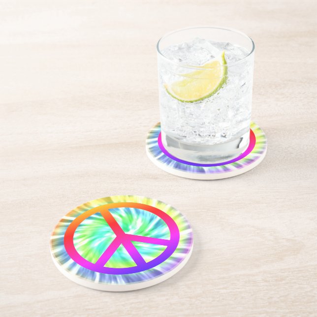 Tie Dye Design Peace Sign Sandstone Drink Coaster (Side)