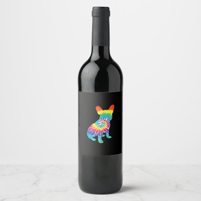 tie dye dog | hippie french bulldog | puppy gift wine label (Front)