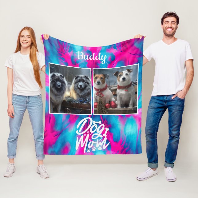 Tie Dye Dog Mum Personalised Pink Blue Fleece Blanket (In Situ)