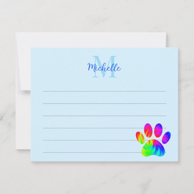 Tie Dye Dog Paw Print Graphic Blue Lined Monogram Card (Front)
