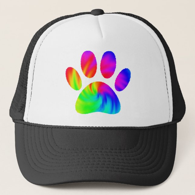 Tie Dye Dog Paw Print Graphic Trucker Hat (Front)