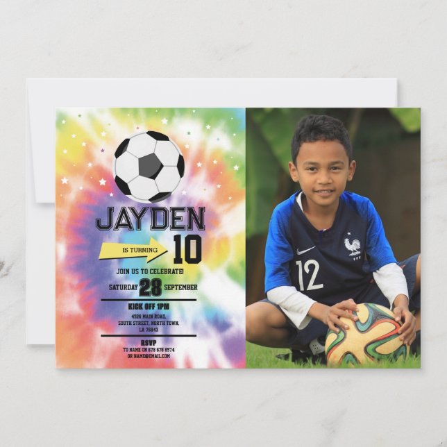 Tie Dye Football Soccer Birthday Party Boys Photo Invitation (Front)