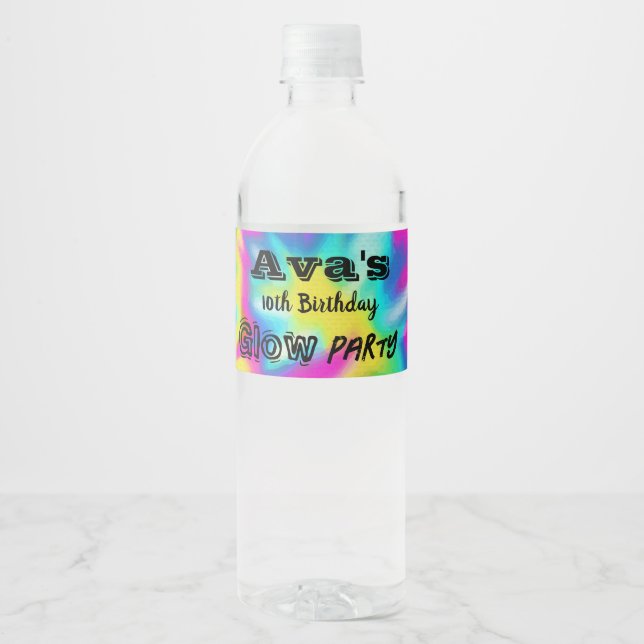 Tie Dye Glow Birthday Party Water Bottle Label (Front)