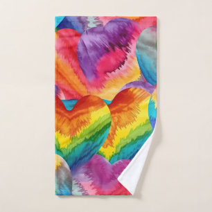 Tie Dye Groovy Hearts Colorful Orange, Red, Green  Hand Towel