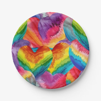 Tie Dye Groovy Hearts Colourful Orange, Red, Green Paper Plate